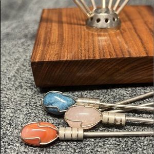 Vintage MCM Mid Century Wood Stand Retro Gemstone Appetizer Set